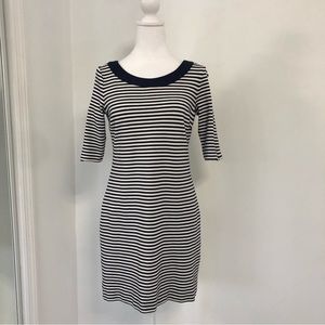 BANANA REPUBLIC Women White/Navy Striped Boat Neck Elbow Sleeve Mini Dress Sz 8